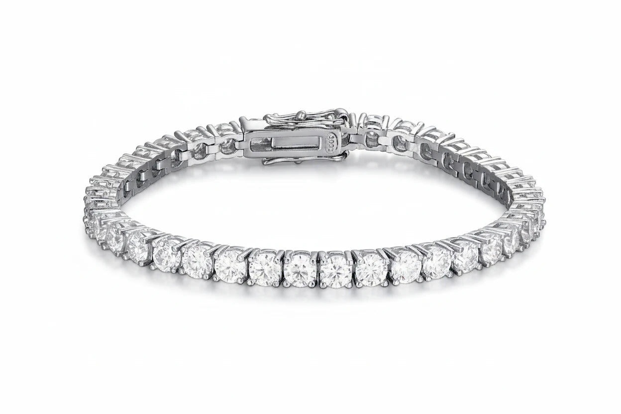 Zethech Round Moissanite Tennis Bracelet with polished silver setting