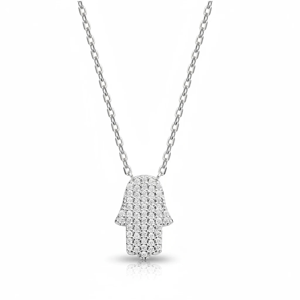Zethech Moissanite Hamsa Necklace with silver chain detail