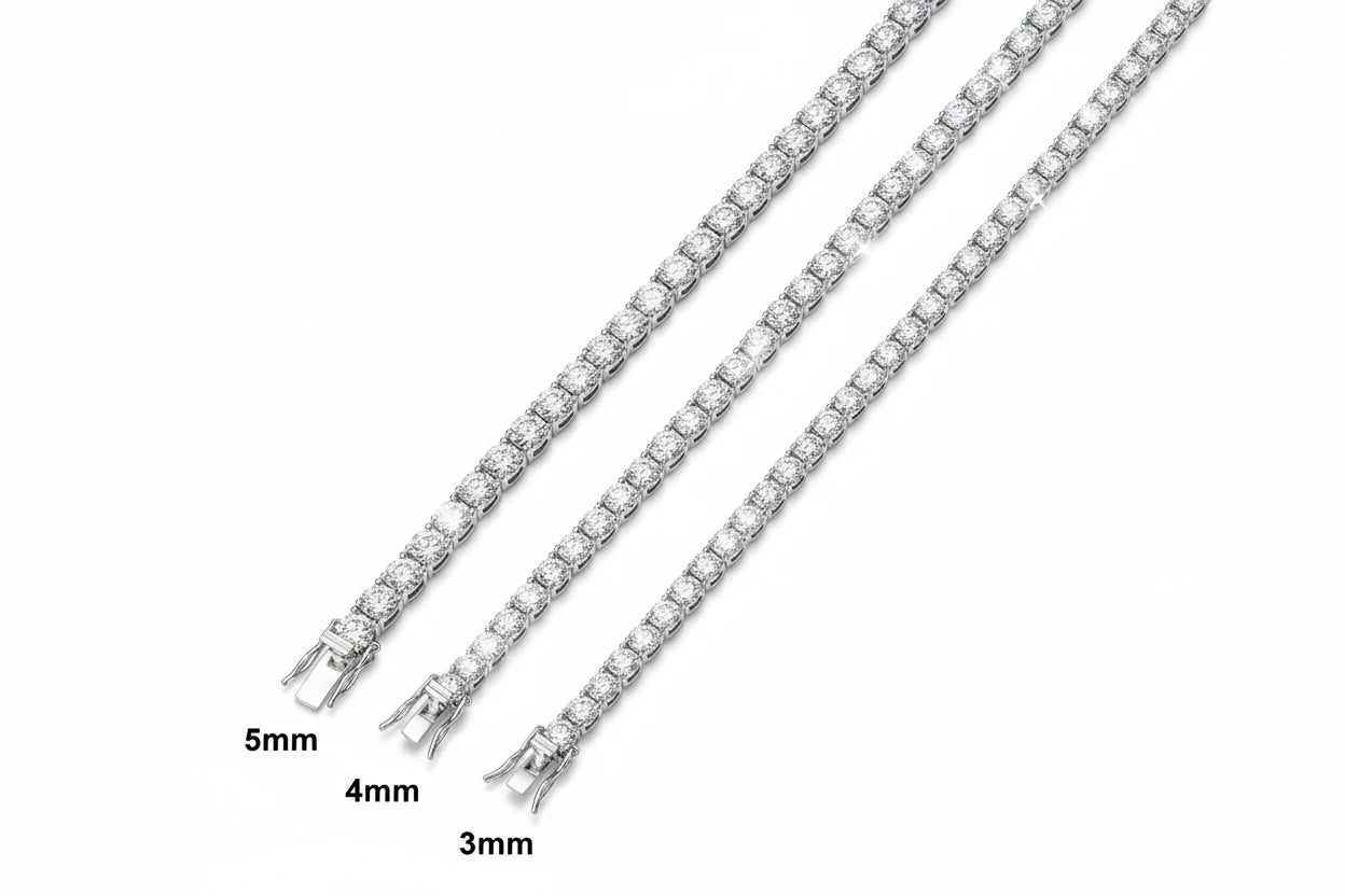 Elegant moissanite tennis bracelet by Zethech showing sparkling gemstone links on a delicate silver chain.