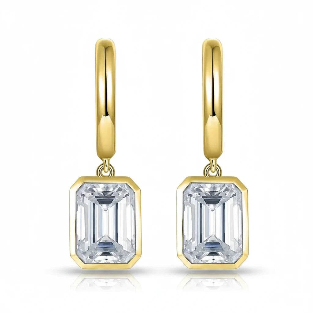 Zethech Emerald Cut Drop Earrings in yellow gold finish