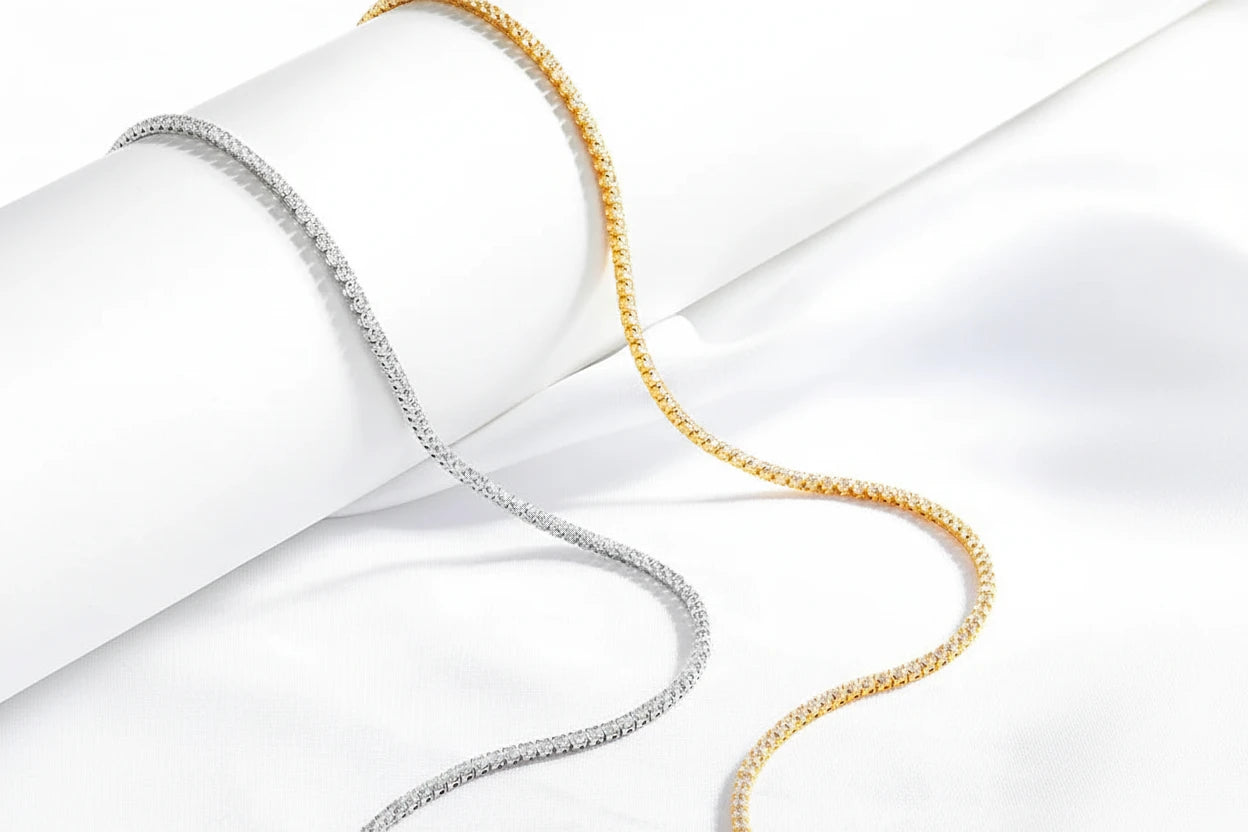 Sparkling moissanite tennis necklace by Zethech with shimmering gemstones on a delicate chain.