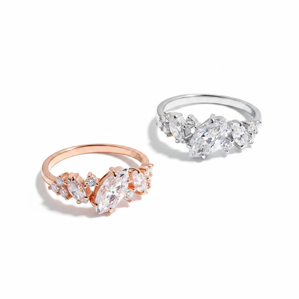 Zethech Celeste Marquise Ring in two finishes on white fabric