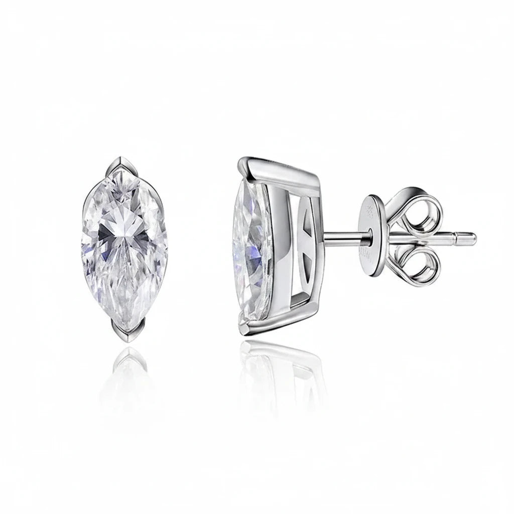 Zethech Celeste Marquise Studs in silver tone on white background