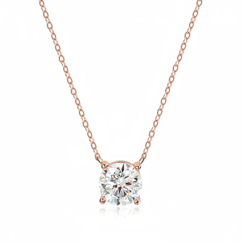 Zethech Rose Moissanite Necklace in rose gold with round clear pendant
