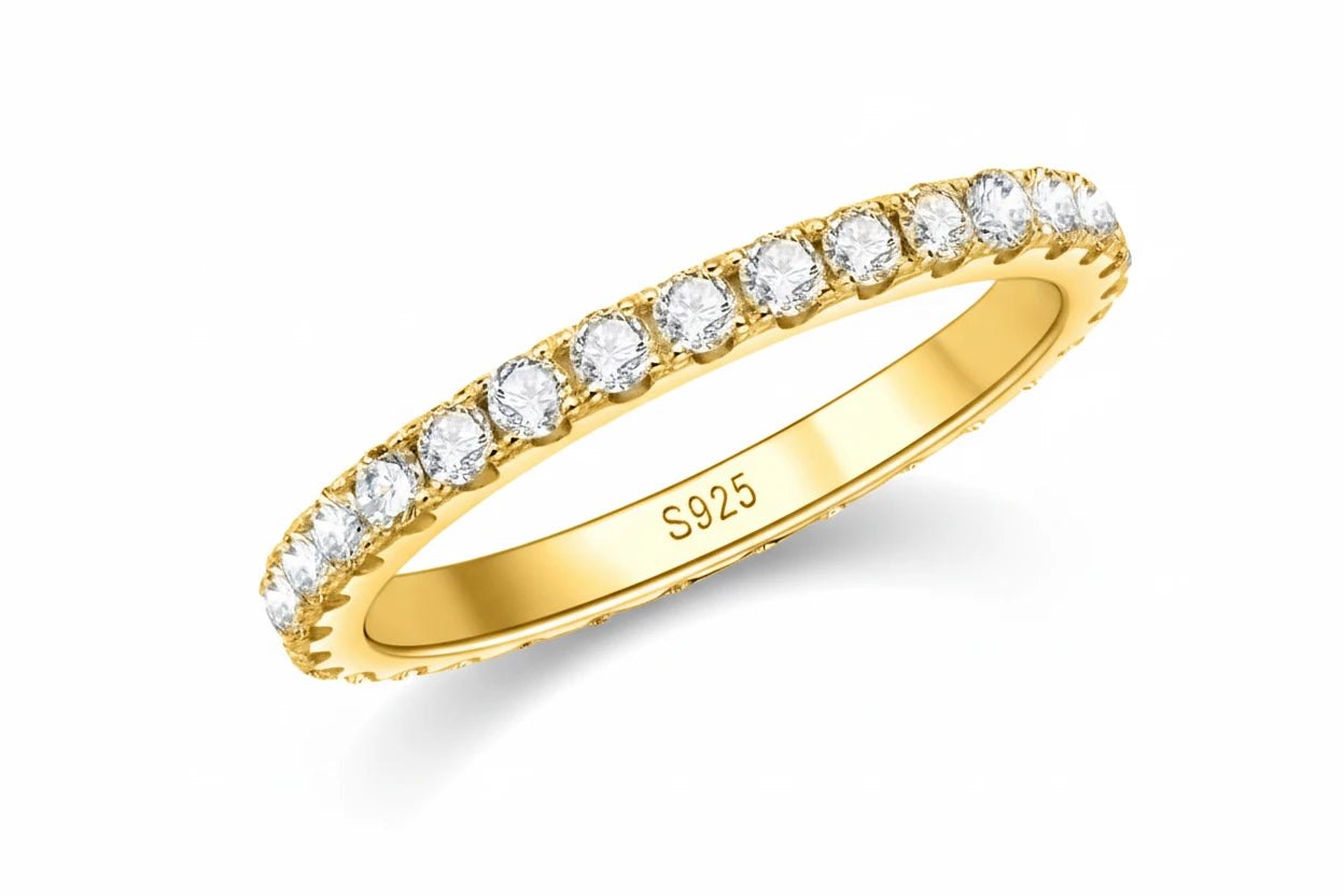 Close-up of Zethech Moissanite Eternity Band with continuous sparkle