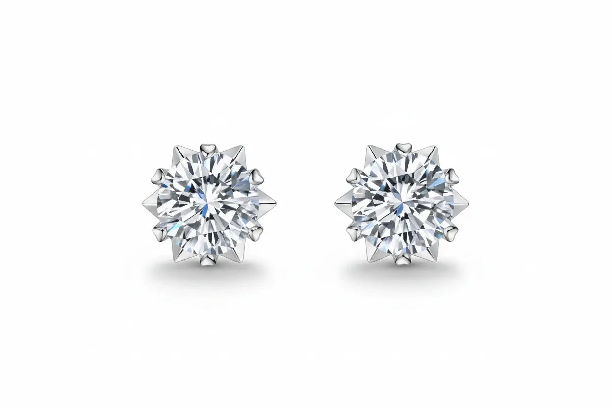 Zethech Snowflake Moissanite Stud Earrings with white gold finish