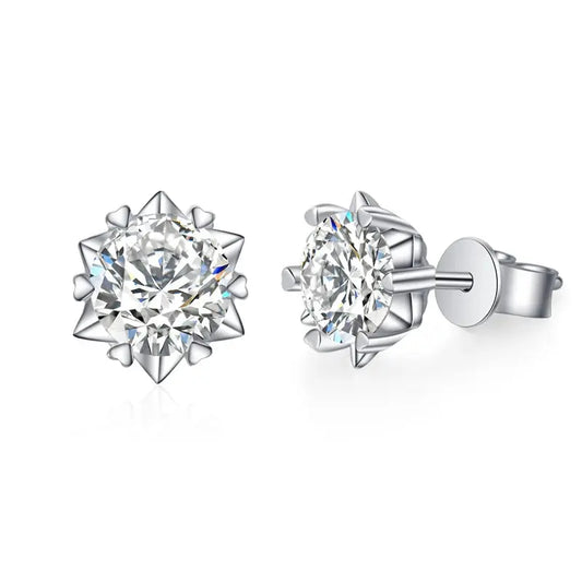 Zethech Arctic Frost snowflake moissanite stud earrings in sterling silver, featuring 1-2CT white gold-plated earrings with sparkling gemstones.