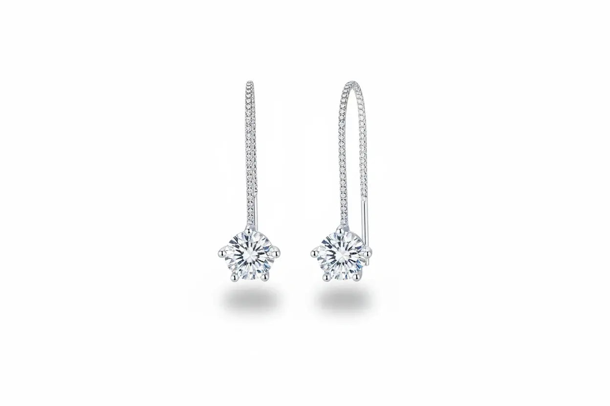 Zethech Moissanite Tassel Drop Earrings in white gold plated finish