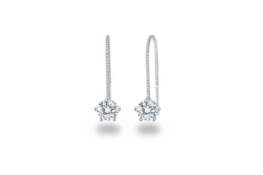 Zethech Moissanite tassel drop earrings in white gold-plated sterling silver with sparkling lab diamond-like moissanite gemstones.