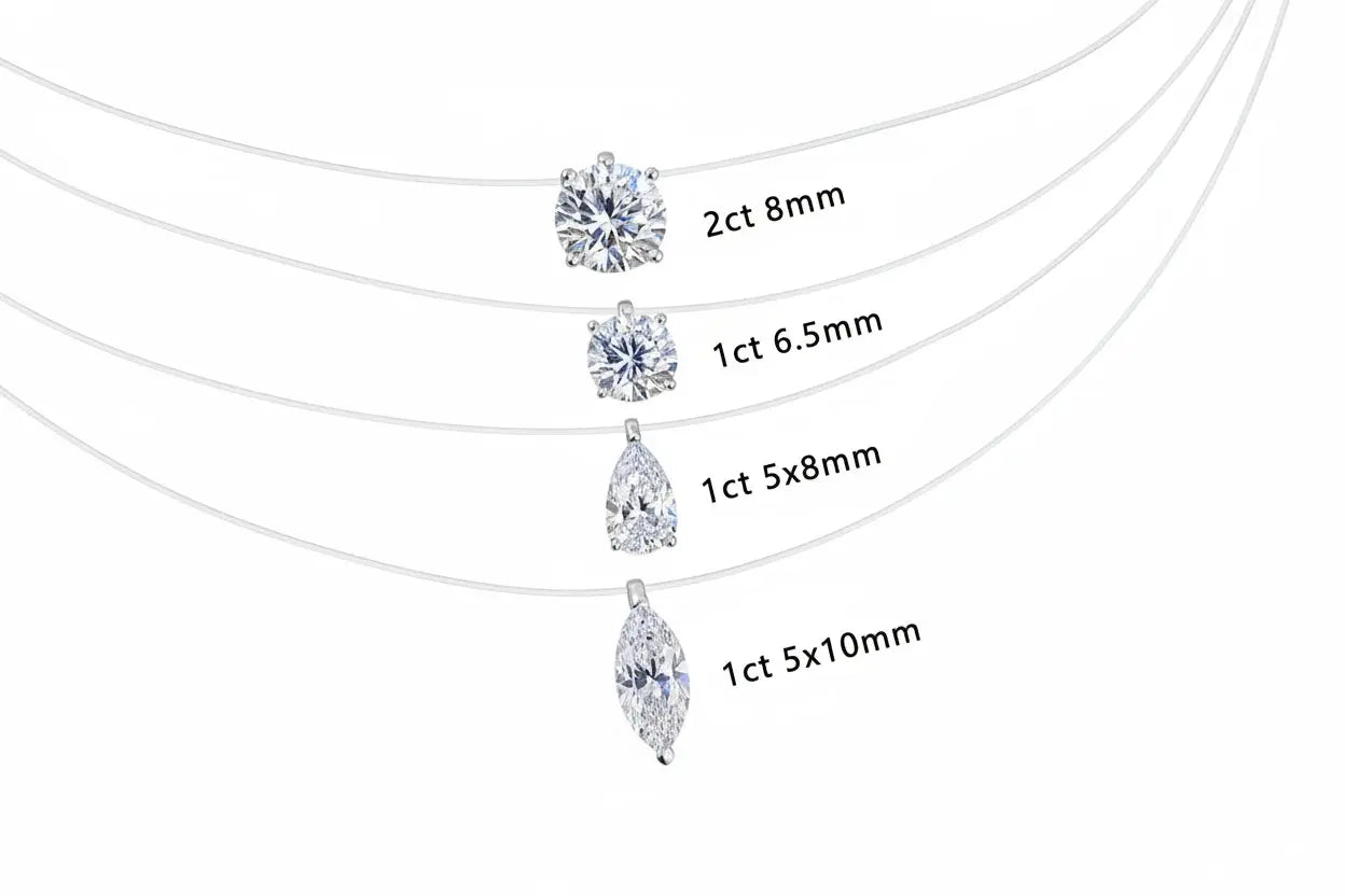 Zethech Signature Silhouette Moissanite Pendant necklace featuring oval, pear, marquise, and round cuts on a fishing line S925 silver chain.