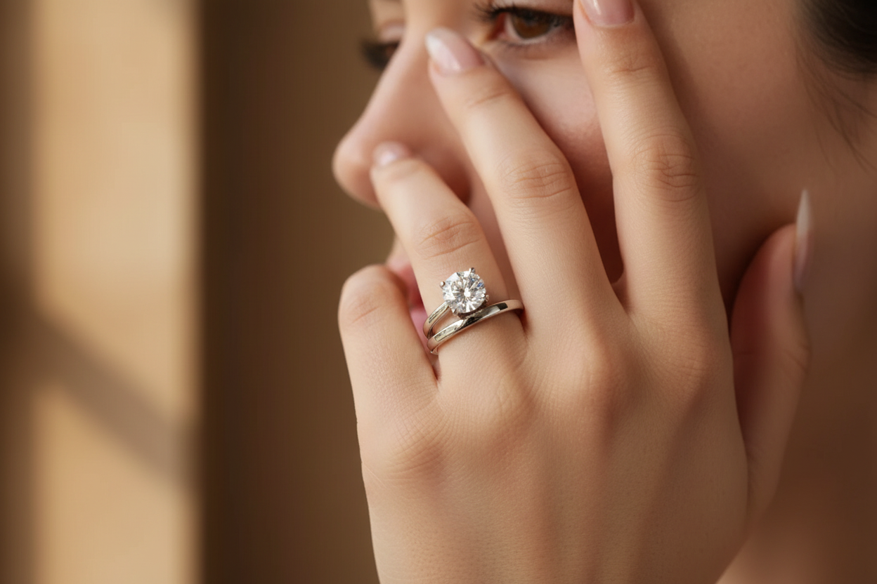Zethech solitaire engagement ring with a sparkling 1ct moissanite center stone set in 925 silver jewelry.