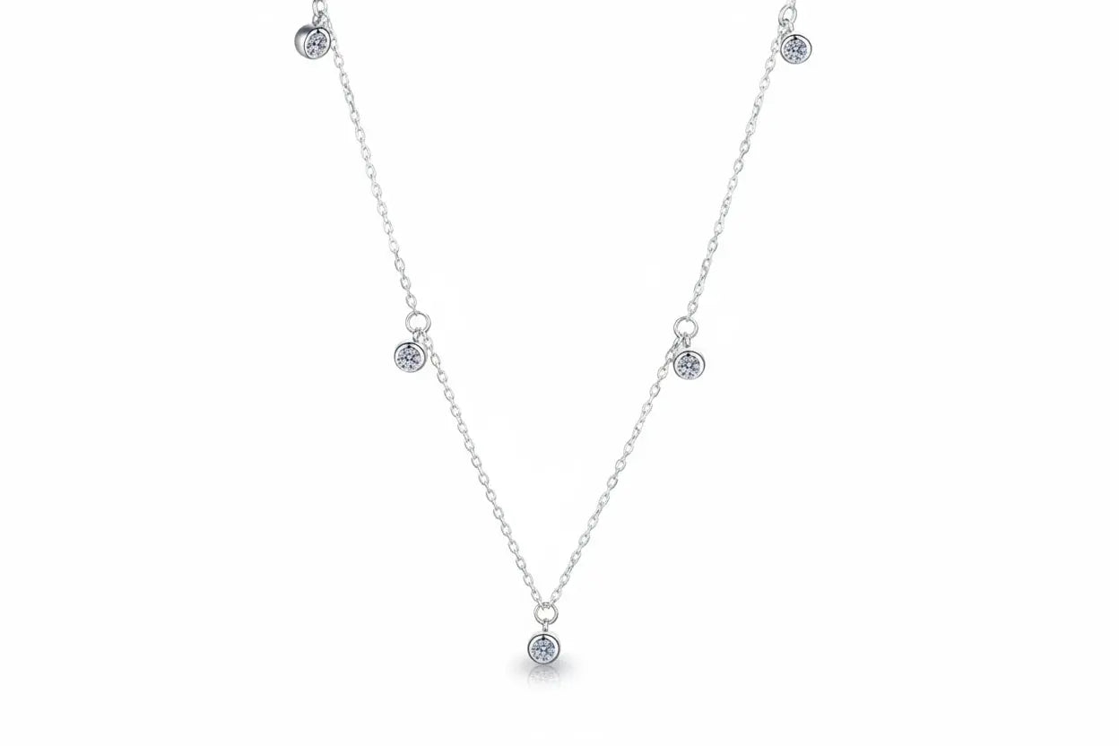 Zethech classic moissanite solitaire necklace with 3mm round lab diamond in white gold, sterling silver, dainty daily jewelry.