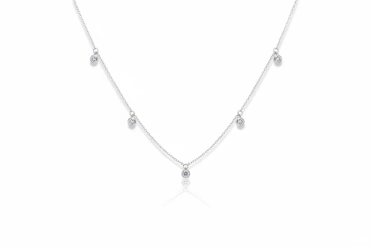 Zethech classic moissanite solitaire necklace with 3mm round lab diamond in white gold on sterling silver chain for women.