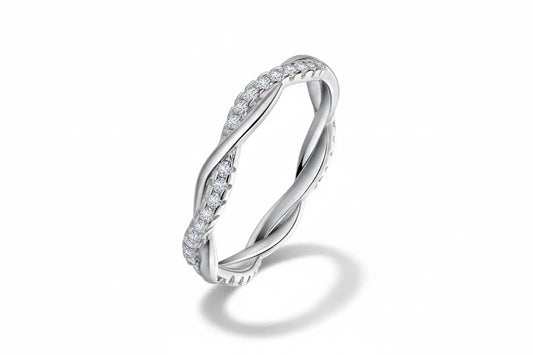 Zethech twisted moissanite eternity ring in white gold color, sterling silver with 18k white gold plating, stackable wedding band for women