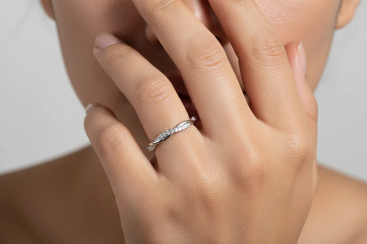 Zethech Twisted Moissanite Eternity Ring in white gold-plated sterling silver with sparkling moissanite stones, stackable wedding ring for women.
