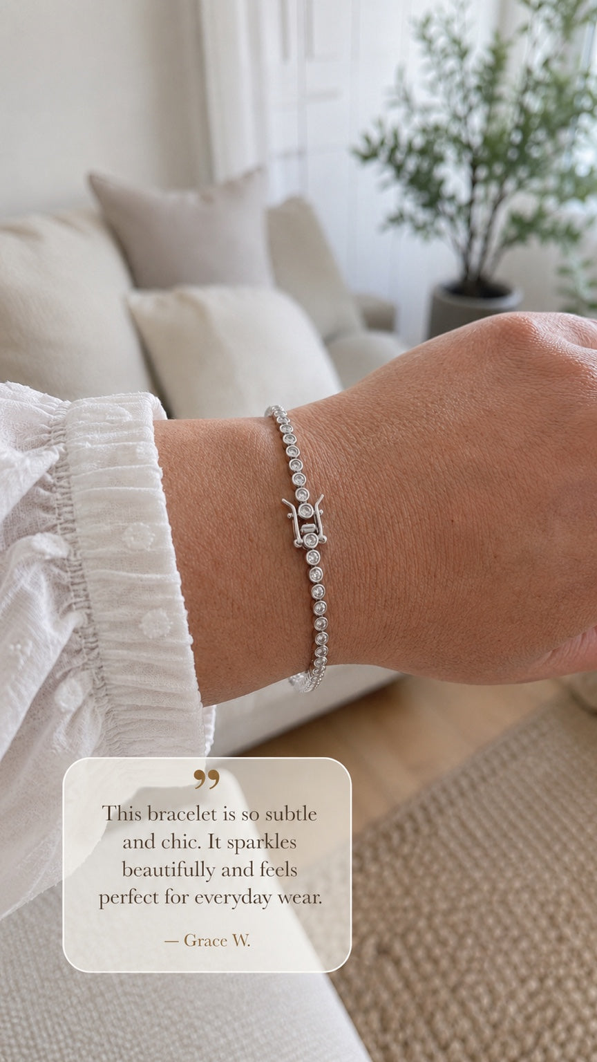 Customer wearing a moissanite tennis bracelet. Testimonial: “This bracelet is so subtle and chic. It sparkles beautifully and feels perfect for everyday wear.” — Grace W.