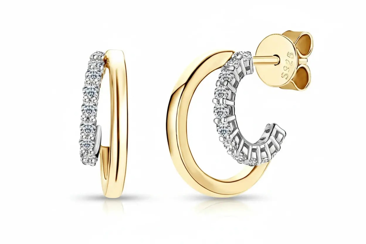 Zethech Moissanite Huggie Hoop Earrings for women, S925 sterling silver with 18k gold plating and 1.5mm lab-grown diamond-like stones.