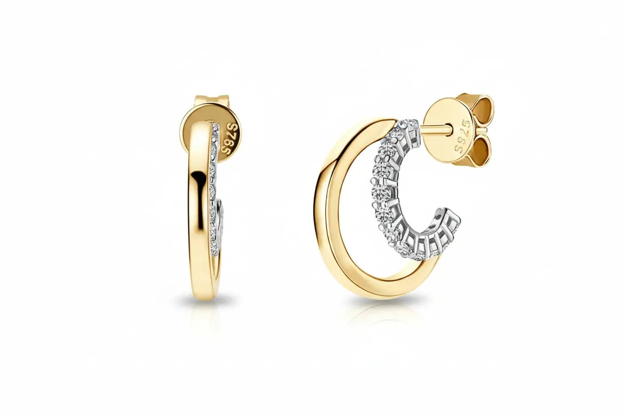 Zethech delicate moissanite huggie hoop earrings for women in sterling silver with 18k gold plating, D-color 1.5mm lab-grown diamonds