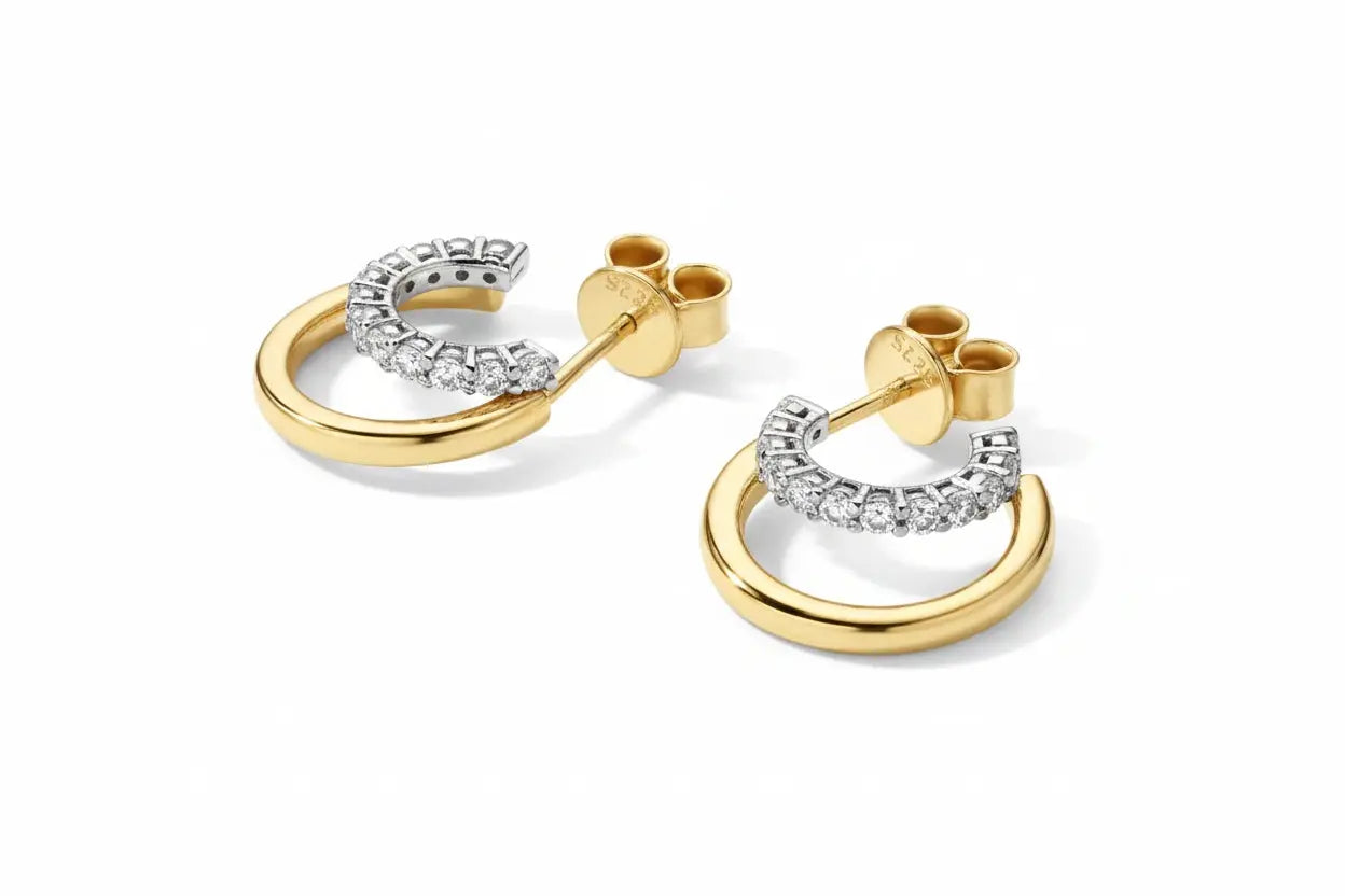 Zethech delicate moissanite huggie hoop earrings for women, sterling silver with 18k gold plating, featuring D-color 1.5mm lab-grown diamonds