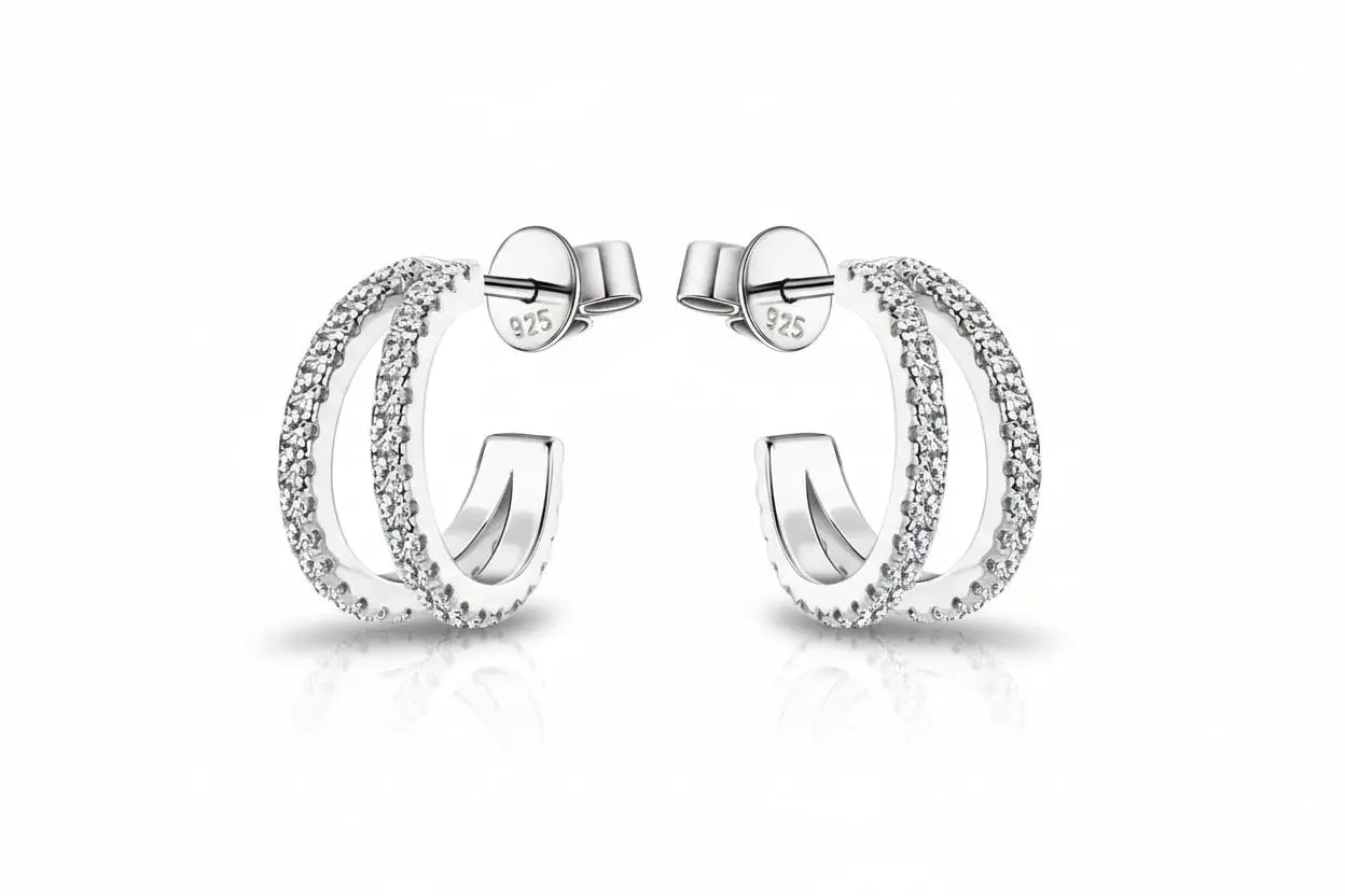 Zethech delicate moissanite huggie hoop earrings for women in sterling silver with 18k gold plating and 1.5mm lab-grown diamonds
