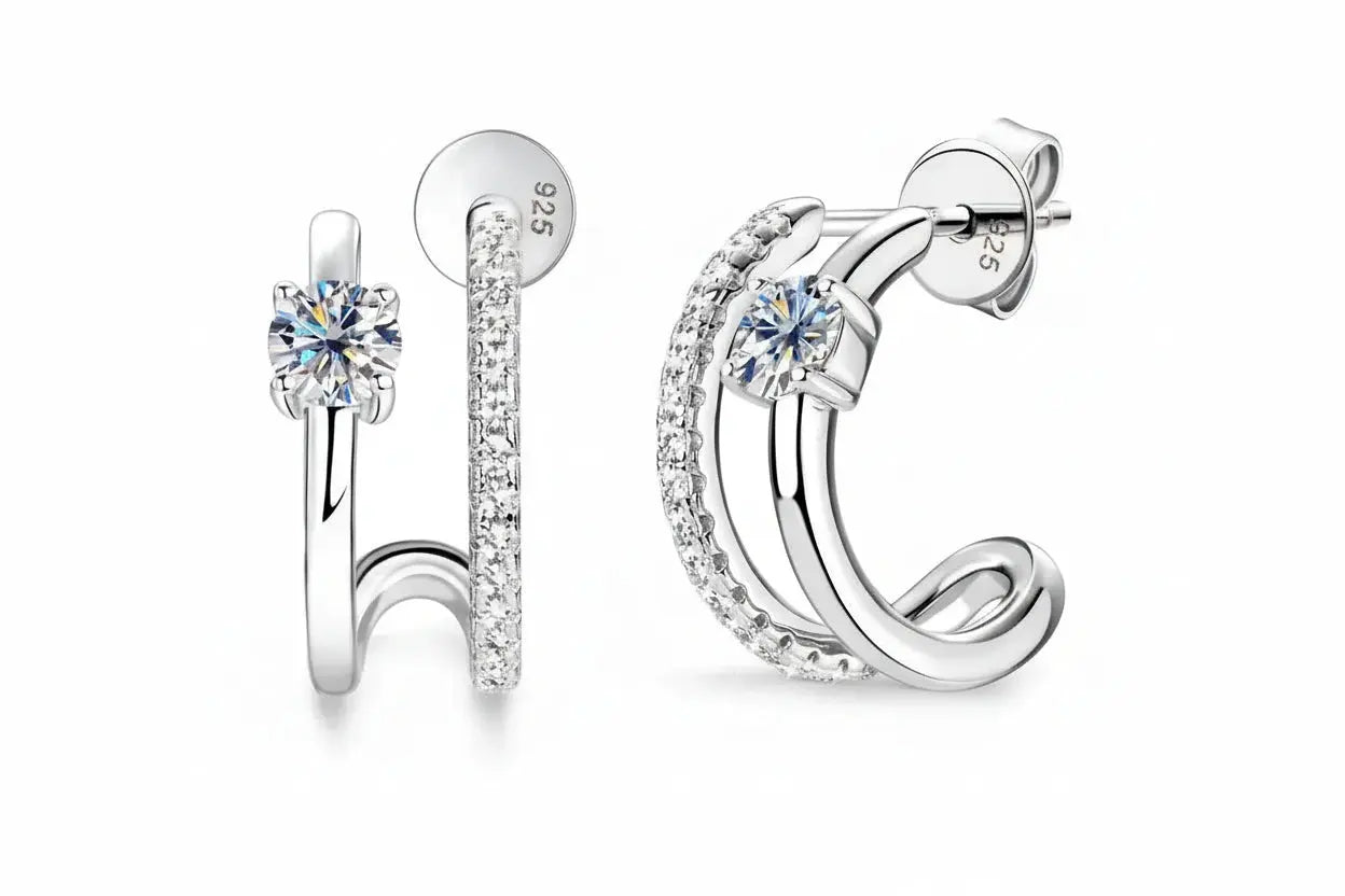 Zethech delicate moissanite huggie hoop earrings for women, sterling silver with 18k gold plating, featuring D-color lab-grown diamonds.
