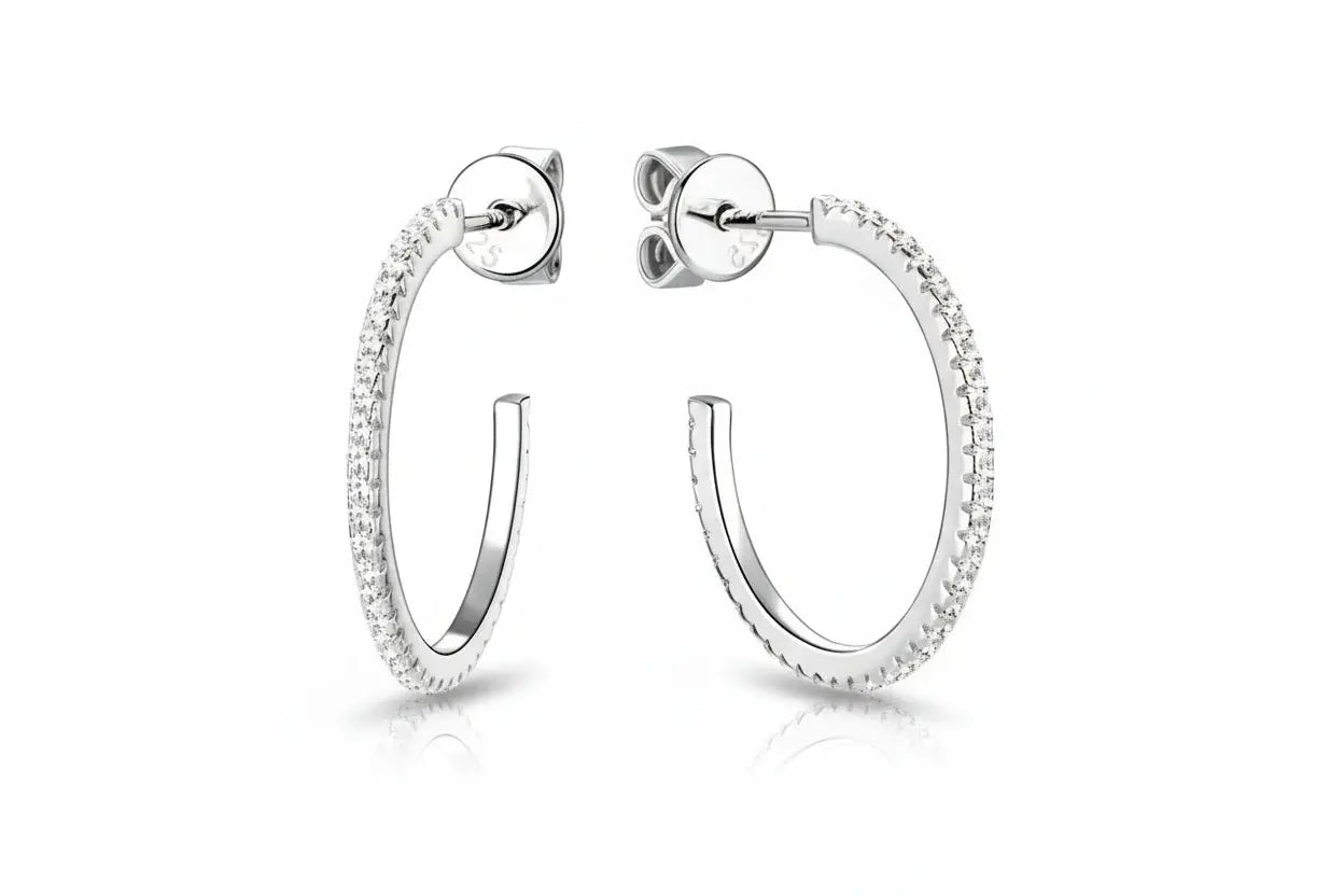 Zethech delicate moissanite huggie hoop earrings for women, 1.5mm D-color lab-grown diamonds in sterling silver with gold plating.