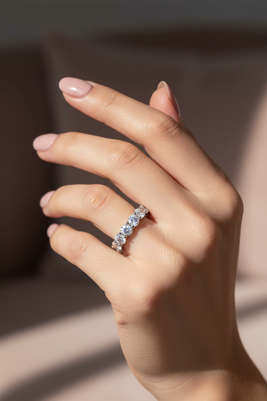 Zethech full eternity band ring with sparkling round-cut moissanite, 8.5mm width, sterling silver, perfect for women and men.