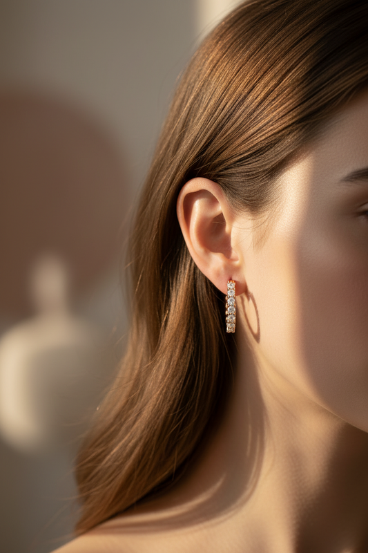 Gold-colored Zethech classic hoop earrings with 2.5mm full moissanite stones, elegant and timeless jewelry accessory.
