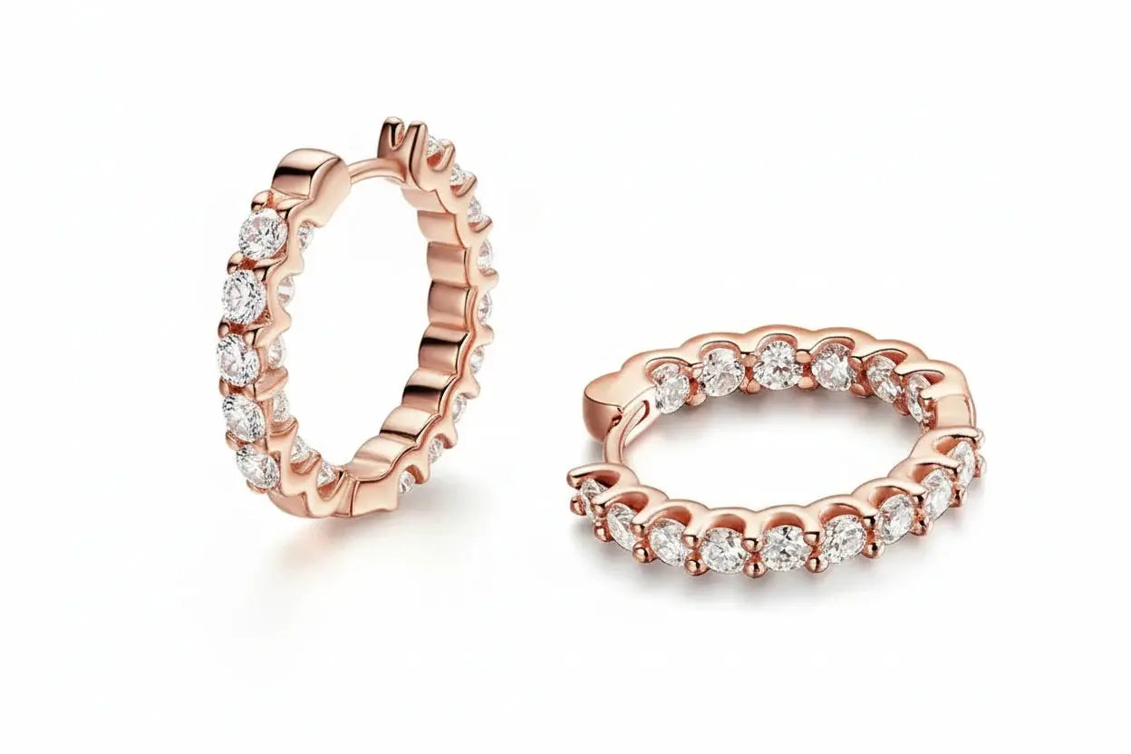 Gold-colored Zethech Eternal Glow 2.5mm full Moissanite hoop earrings with sparkling gemstones and sleek hoop design.