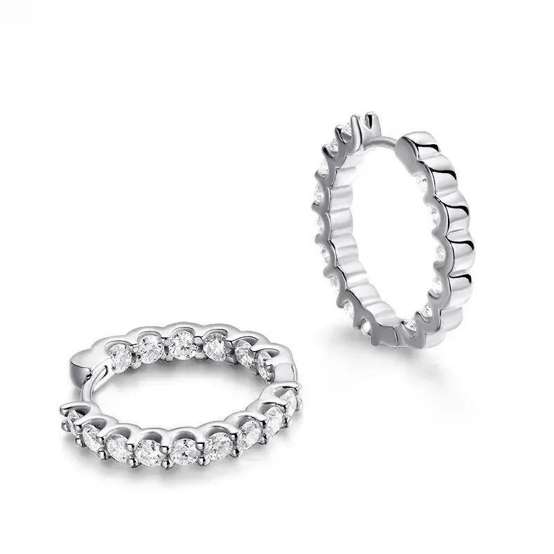 Gold-color Zethech. 2.5mm full moissanite hoop earrings showing sparkling gemstones and sleek hoop design.