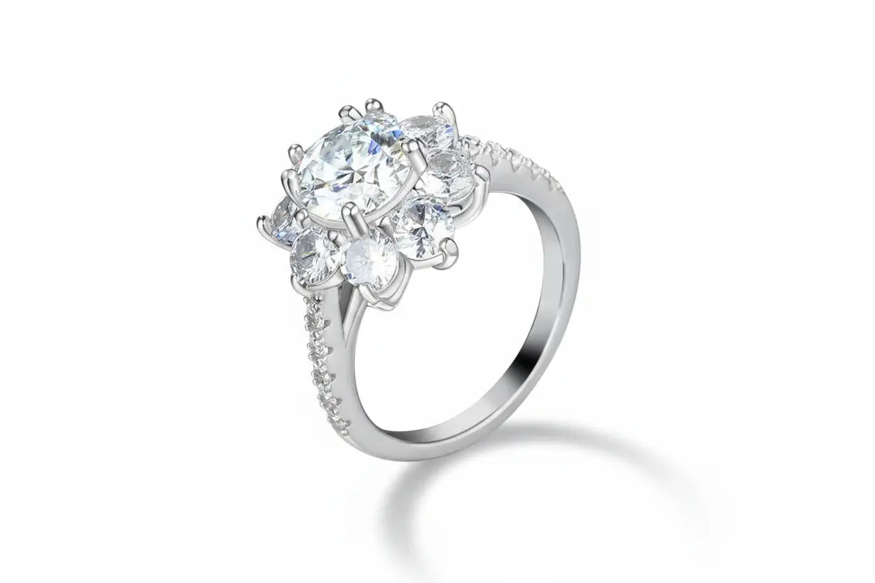 Zethech Floral Halo Moissanite Engagement Ring with round center stone
