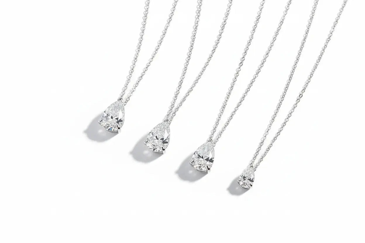 Elegant gold necklace featuring a 1-4 carat pear-cut moissanite pendant, crafted by Zethech for women and girls.
