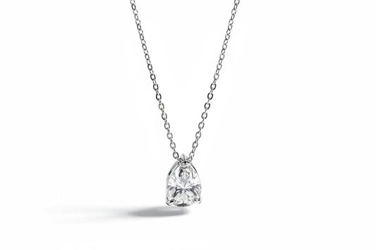 Gold necklace featuring a 1-4 carat pear cut moissanite pendant from Zethech, showcasing elegant fine jewelry design.