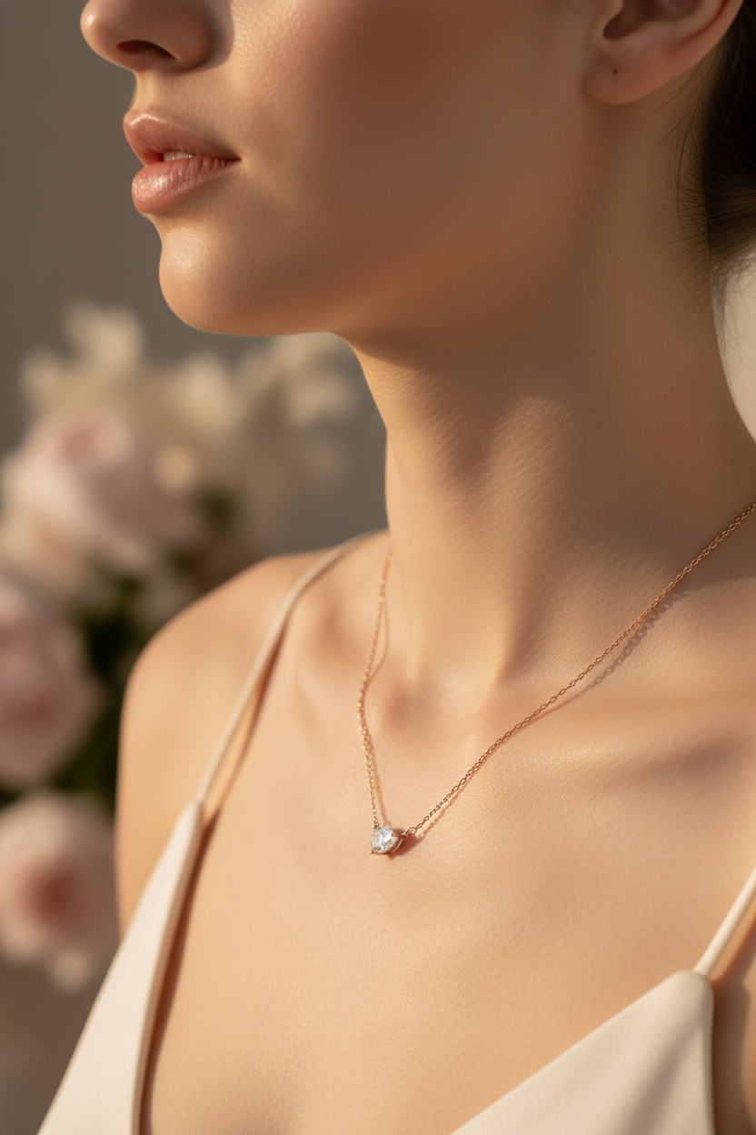 Gold Pear Drop Necklace by Zethech featuring a 3ct pear-cut moissanite pendant on a silver 925 chain for women and girls.