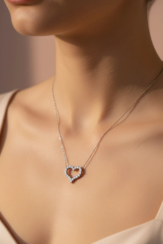 Zethech Radiant Heart Moissanite Pendant Necklace for women, sterling silver-plated with sparkling heart-shaped moissanite, elegant jewelry.