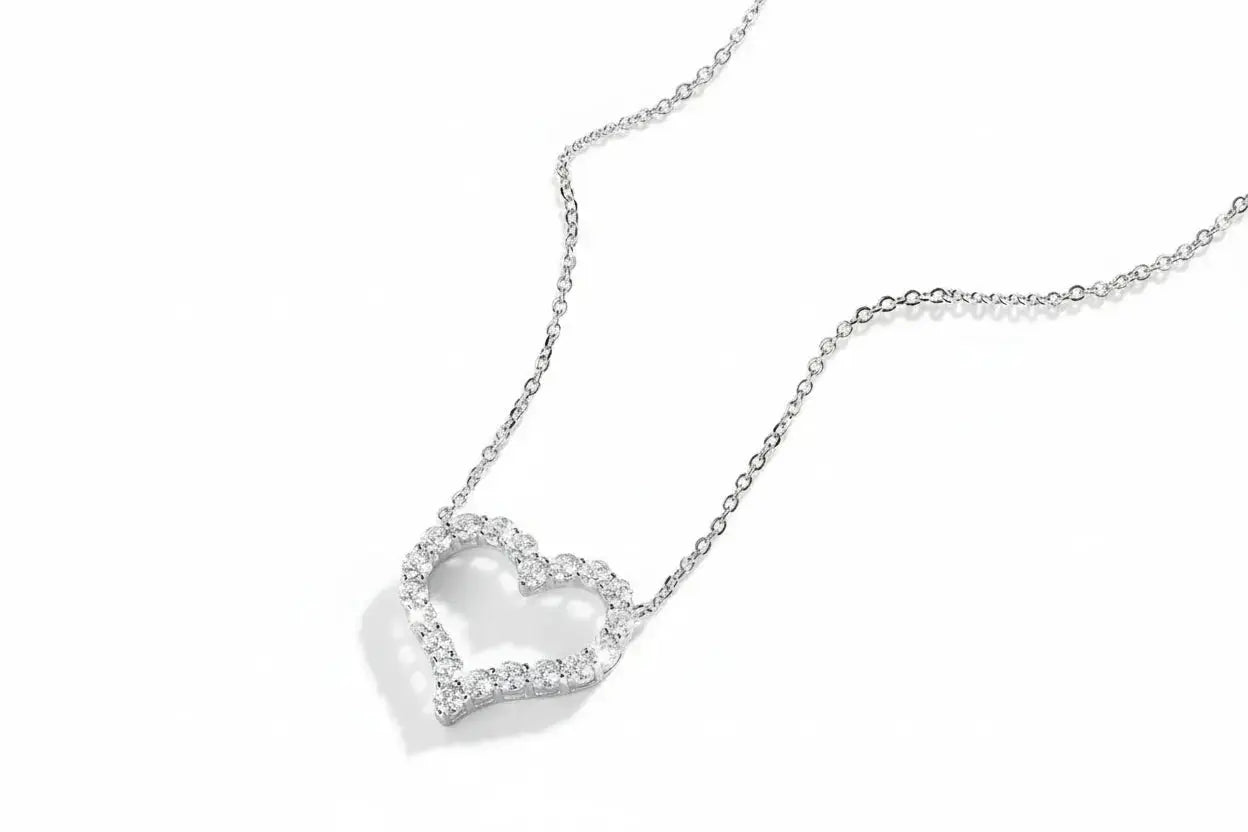 Zethech Radiant Heart Moissanite Pendant Necklace for women, silver-plated with sparkling 0.3ct heart-shaped moissanite pendant.