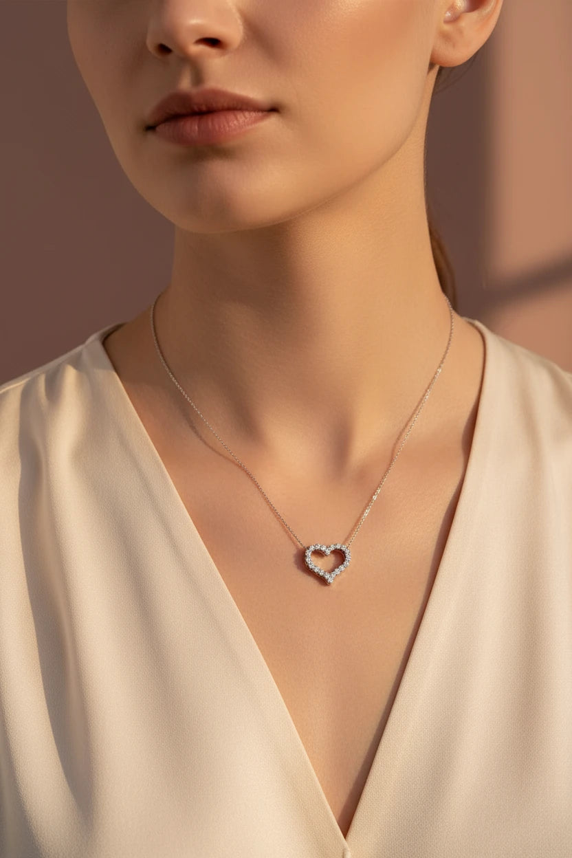 Zethech radiant heart moissanite pendant necklace in silver-plated platinum with sparkling 0.3ct to 2ct moissanite heart pendant for women.