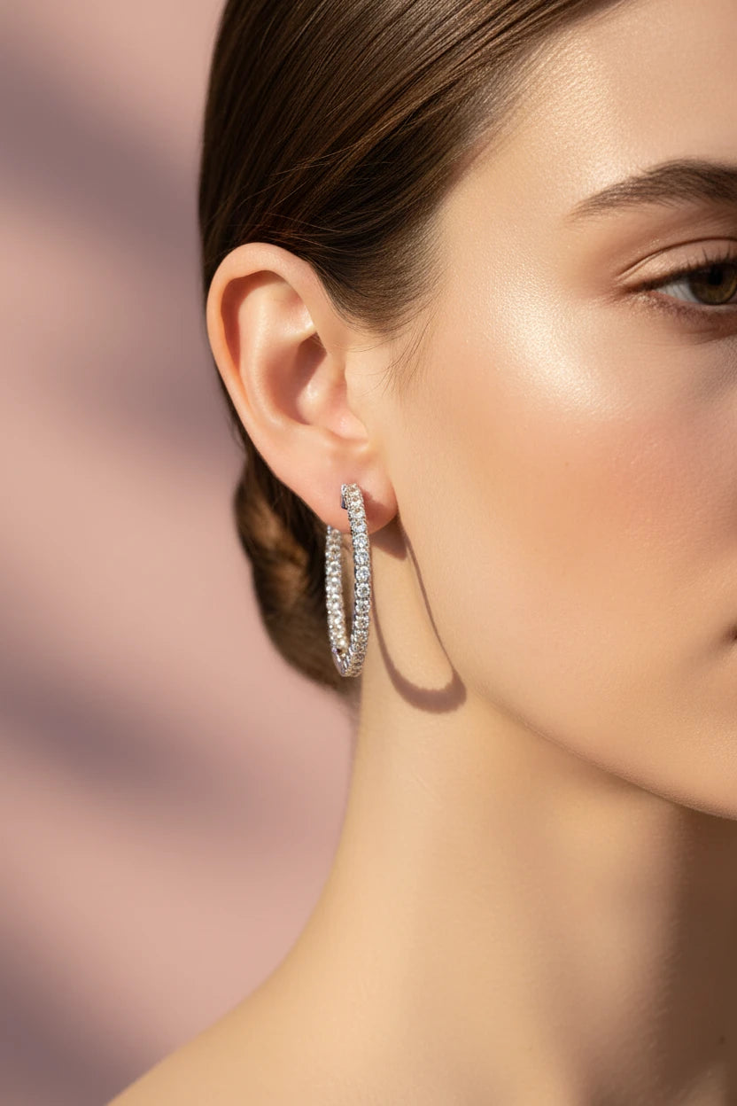 Silver Moissanite Statement Hoop Earrings by Zethech, featuring dazzling full Moissanite stones for a glamorous look.