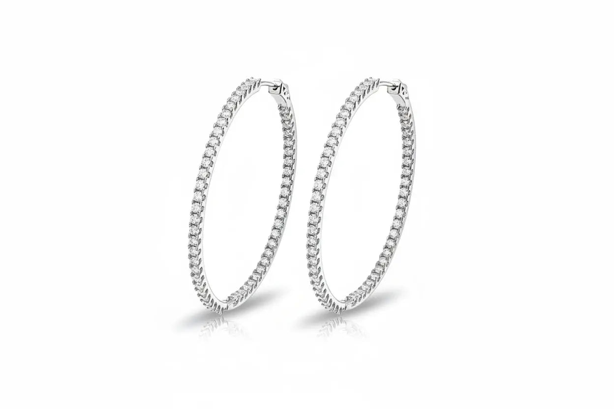 Silver Starlight Glamour Moissanite Statement Hoop Earrings by Zethech with sparkling full moissanite stones, 1.74 carats total weight.