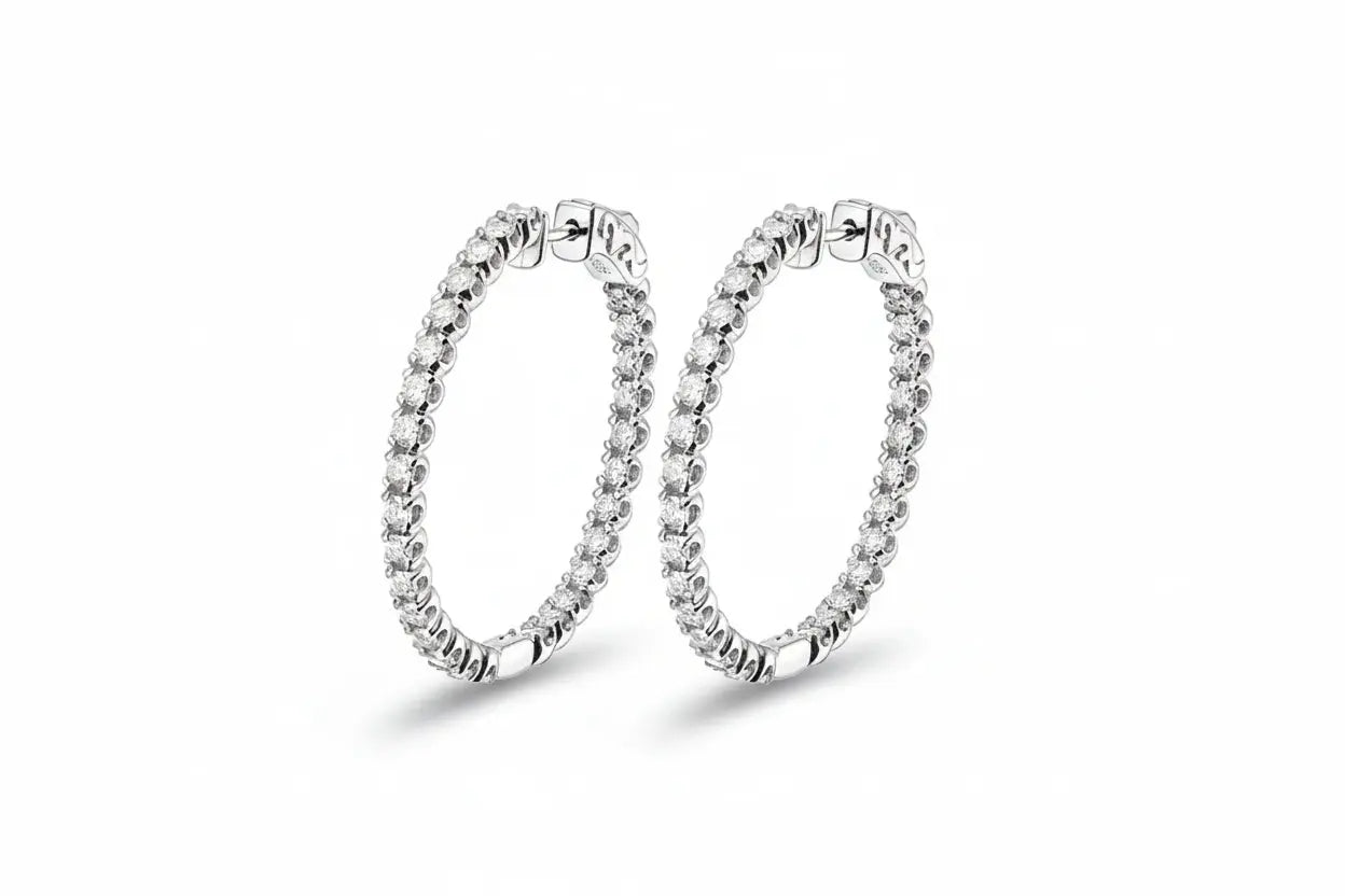 Silver-tone Zethech Starlight Glamour full moissanite statement hoops with sparkling, large round stones and bold hoop design.