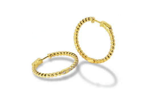 Gold-colored Zethech full Moissanite hoop earrings, 2mm, sterling silver with 18k gold plating, VVS1 clarity, for women.