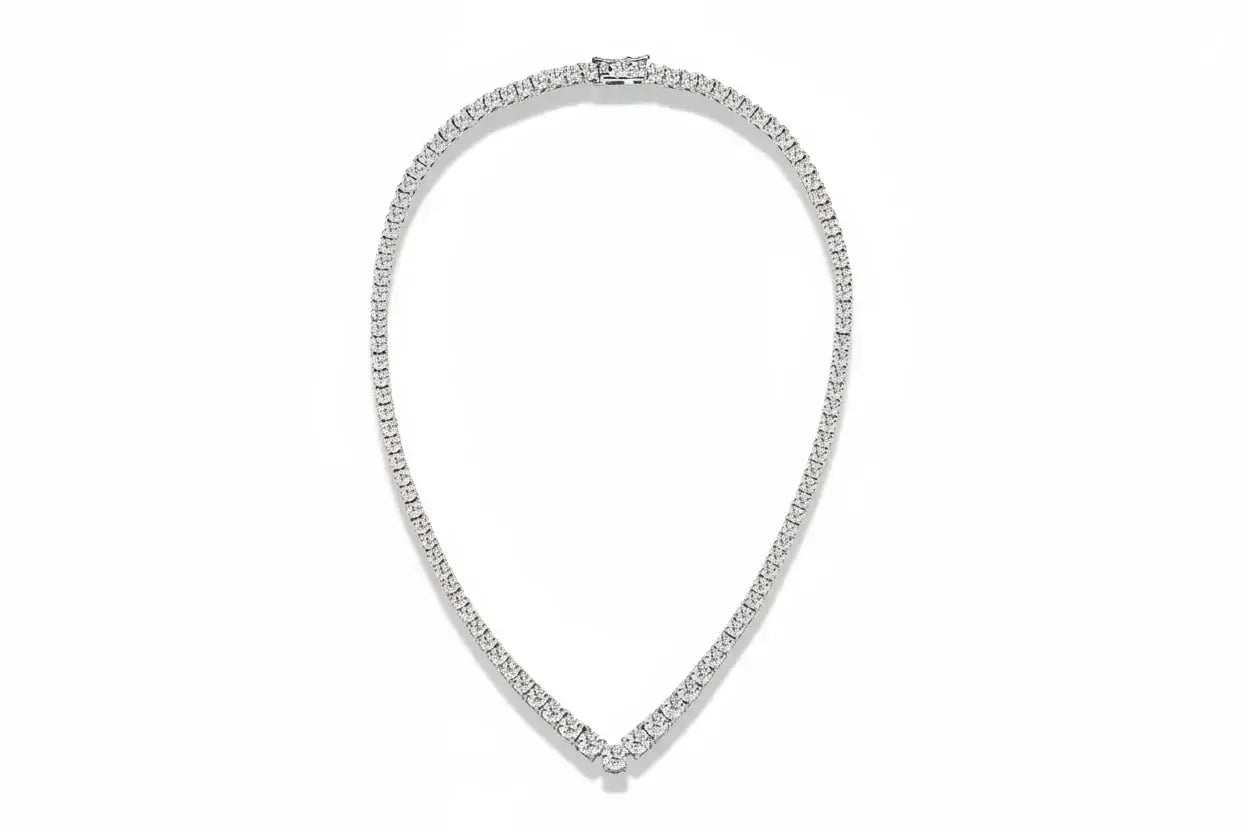 Zethech Knobspin Moissanite tennis necklace for women, V-style, rose gold color, 14-inch sterling silver and 18k white gold plated.