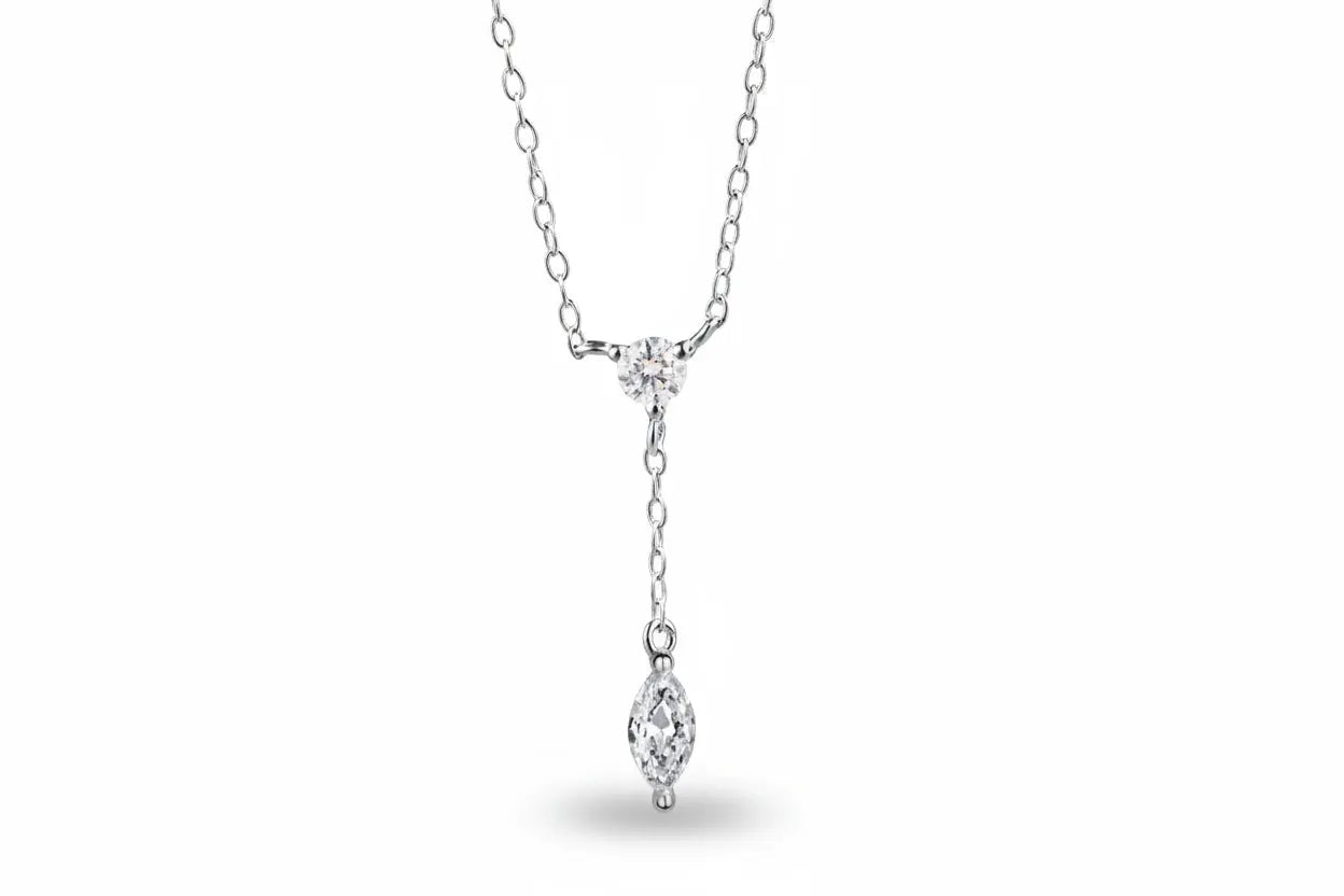 Rose gold Zethech moissanite pendant necklace with marquise cut gemstone, sterling silver chain, 45cm length, elegant jewelry for women.