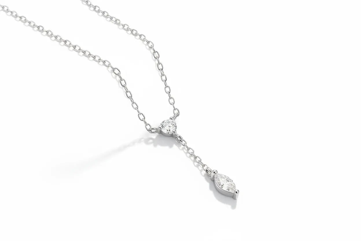 Rose gold Zethech moissanite pendant necklace featuring a 3x6mm marquise cut gemstone on sterling silver chain for women.