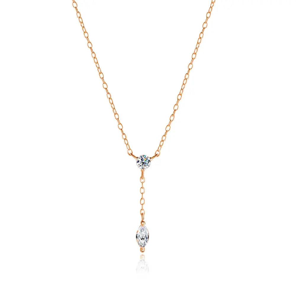 Rose gold Moissanite pendant necklace with marquise-cut gemstone, sterling silver chain, dainty and elegant for women.