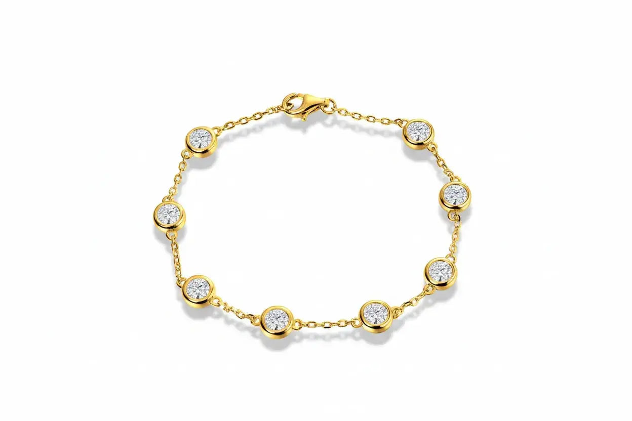 Silver Zethech Radiant Bubble Moissanite Tennis Bracelet with sparkling round stones on a delicate chain.