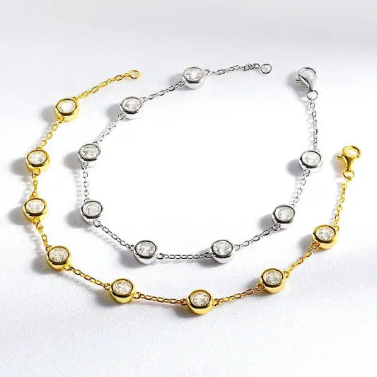 Silver Zethech Radiant Bubble moissanite tennis bracelet with sparkling round stones on a 16cm chain.