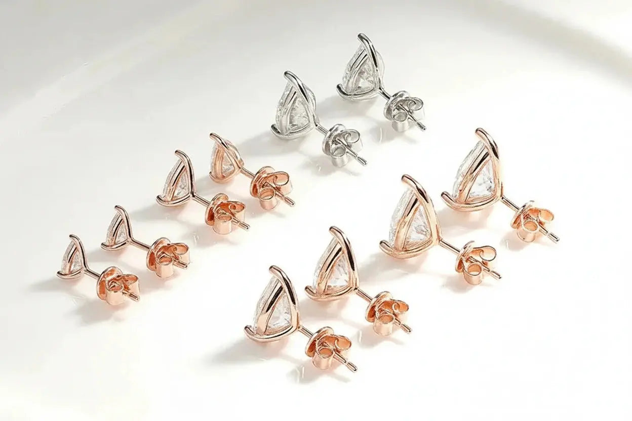Silver-colored Zethech Radiant Teardrop Moissanite Stud Earrings with pear cut, 1ct each, sterling silver and 18k gold plating for women