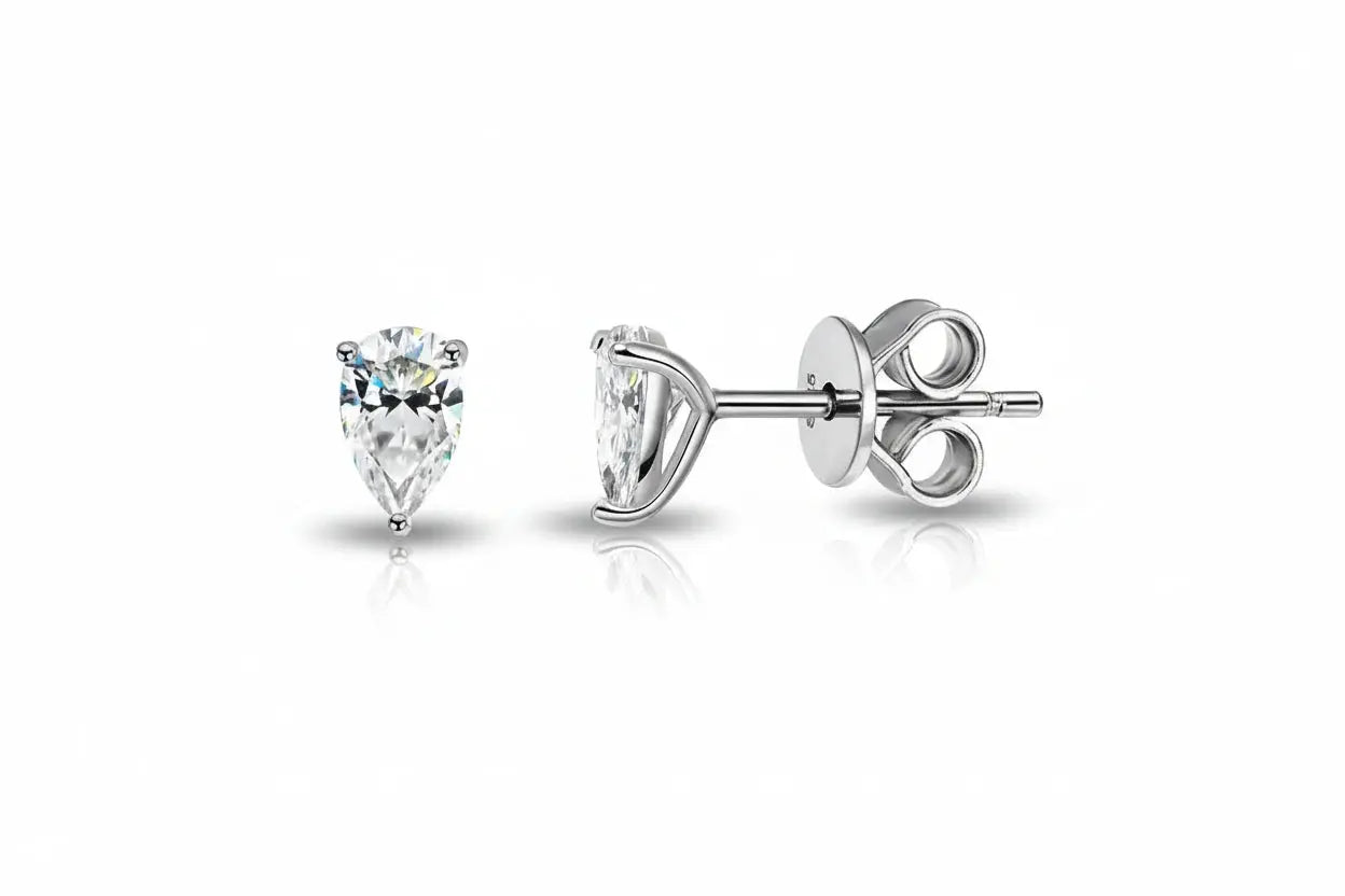 Silver-tone Zethech Radiant Teardrop Moissanite Stud Earrings with pear cut, 1ct each, sterling silver plated with 18k gold for women.
