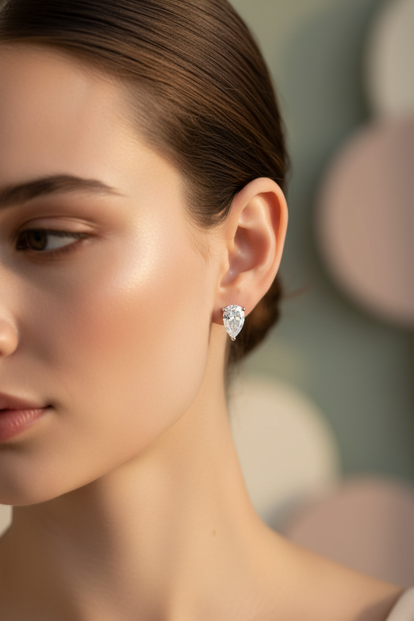 Silver Zethech pear-shaped stud earrings with 1ct moissanite, sterling silver and 18k gold plating, women's wedding jewelry